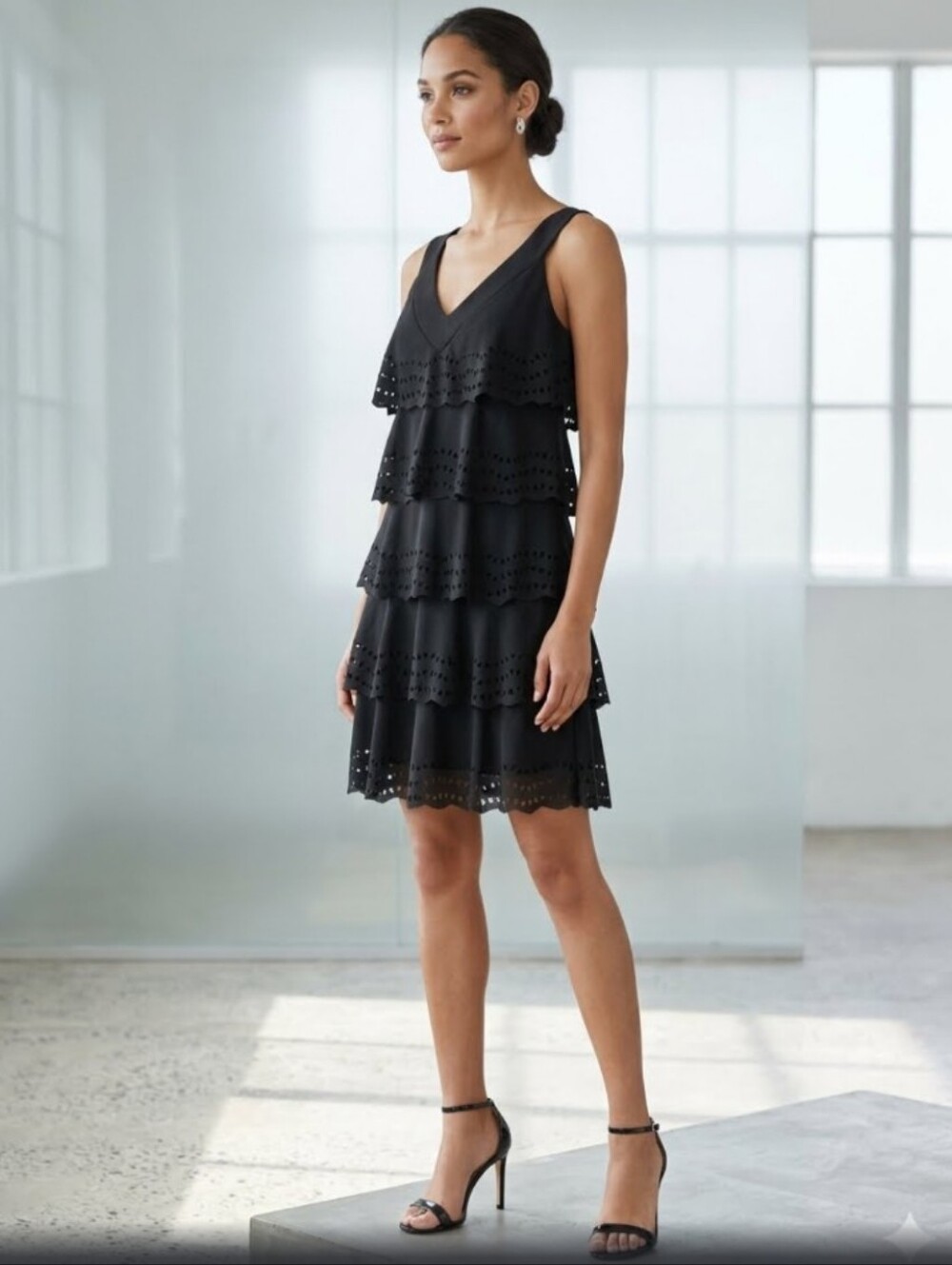 SL Fashions Black Layered Laser-Cut Mini Dress NWT Size 14P